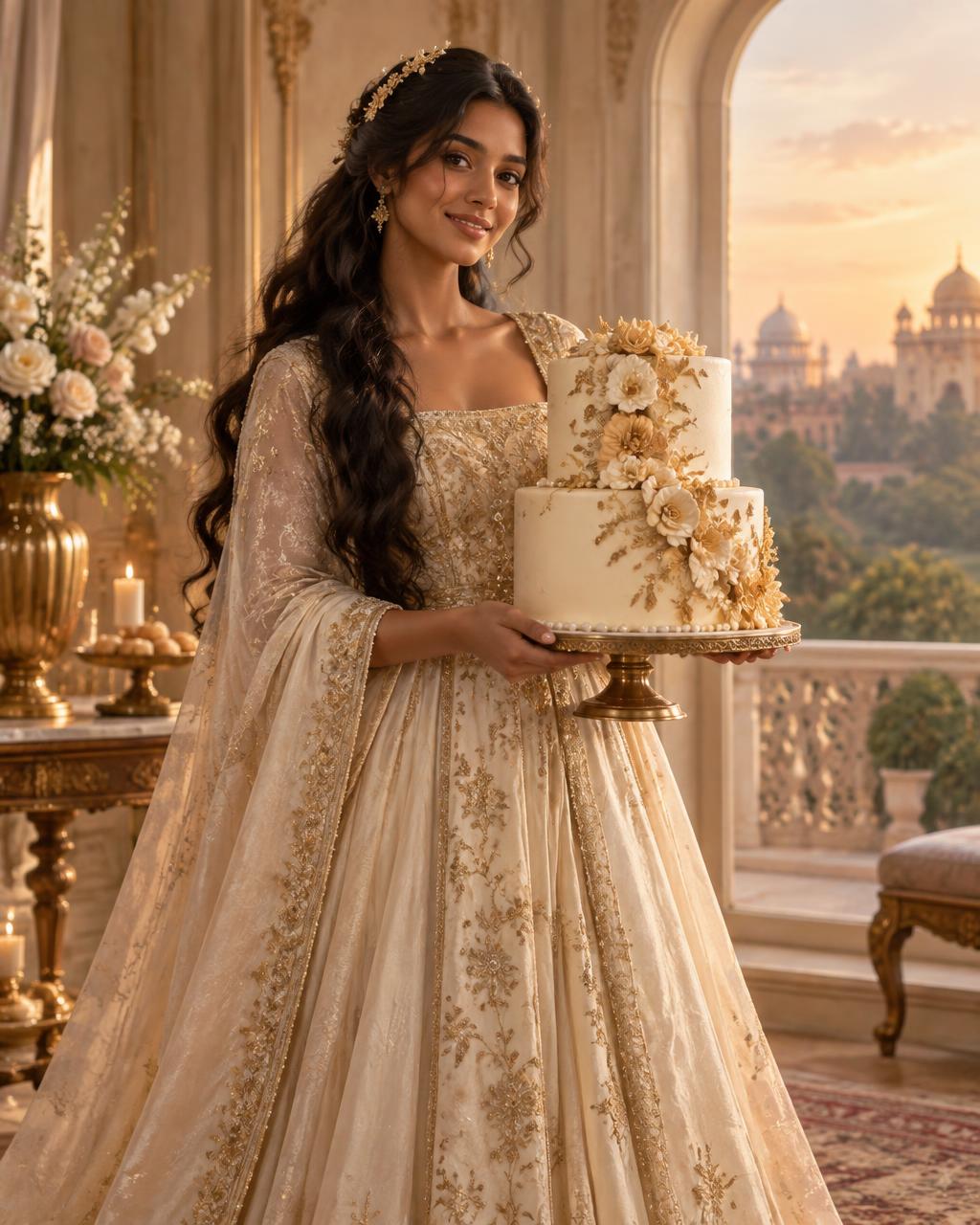 An original fairytale princess holding an ivory and gold celebration cake